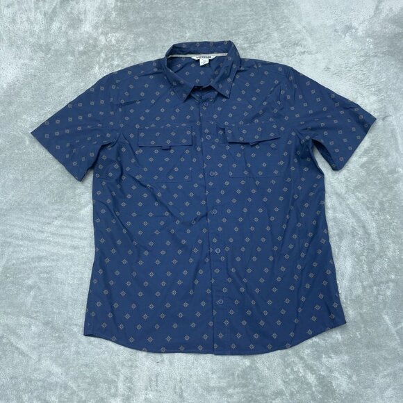 Voyager Mens Medium Compass Print Button-Up Shirt Short Sleeve Blue a0435 - Picture 1 of 7